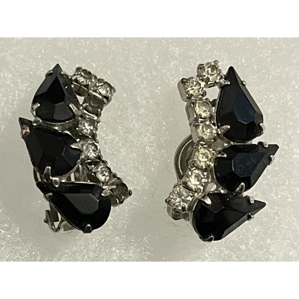Vintage Black Rhinestones Clip On Earrings Teardrops Climb 80s 90s Jewelry Dress